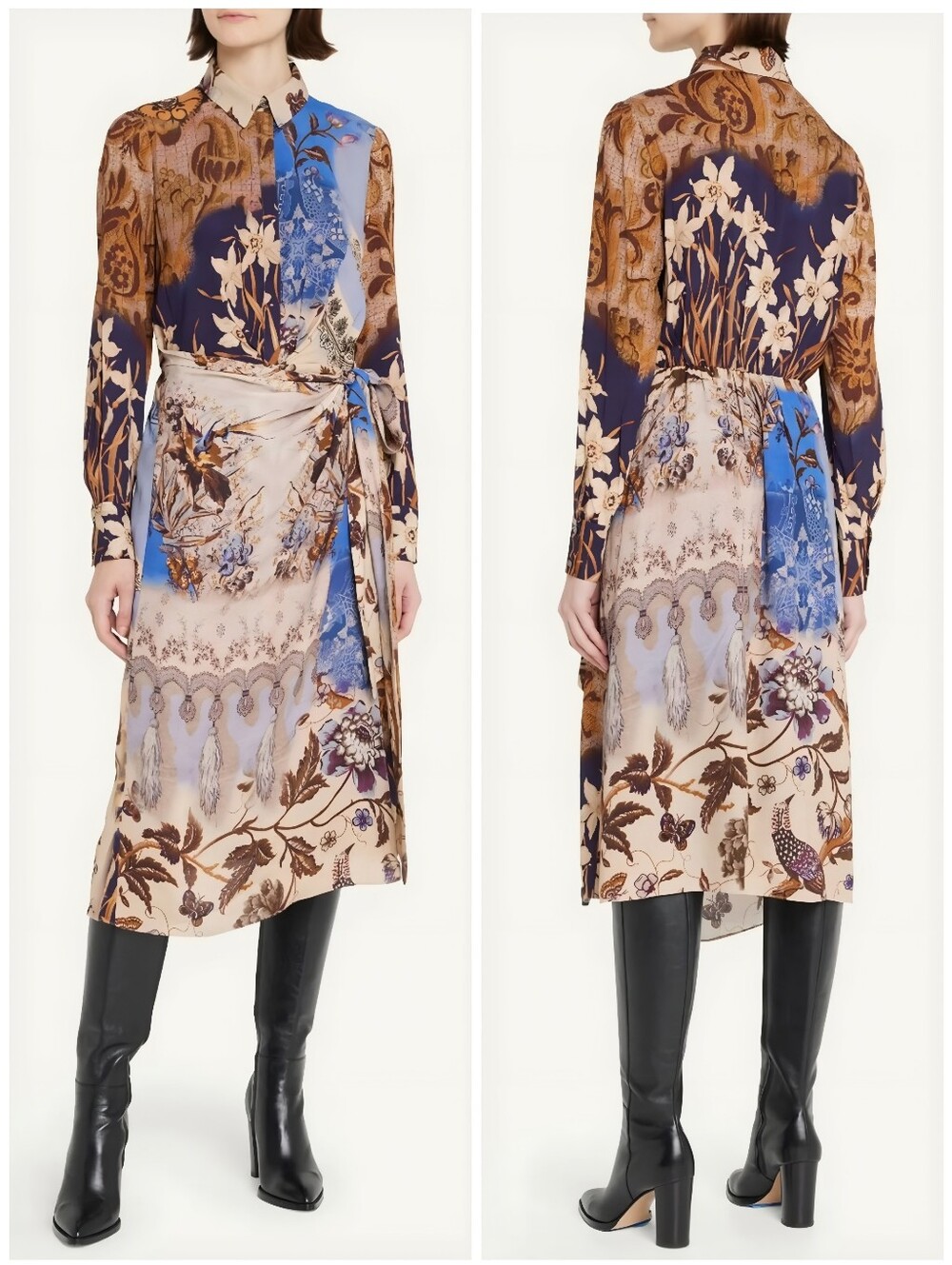 Kobi Halperin Sadie Asymmetric Floral Wrap Skirt Blue Brown Midi Dress, S - Picture 1 of 11
